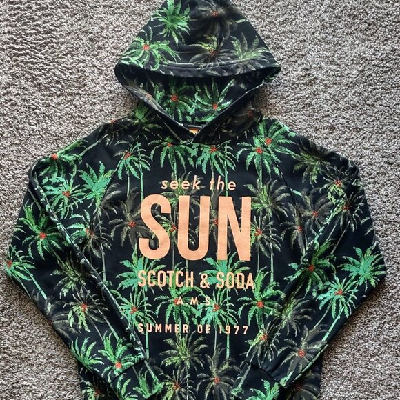 Scotch & Soda All Over Palm Tree Print French Terry Pullover Green Hoodie (M) - Picture 1 of 16